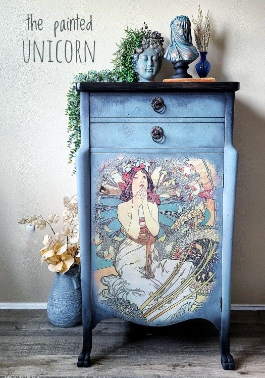 Alphonse Mucha Refinished Antique Music Cabinet