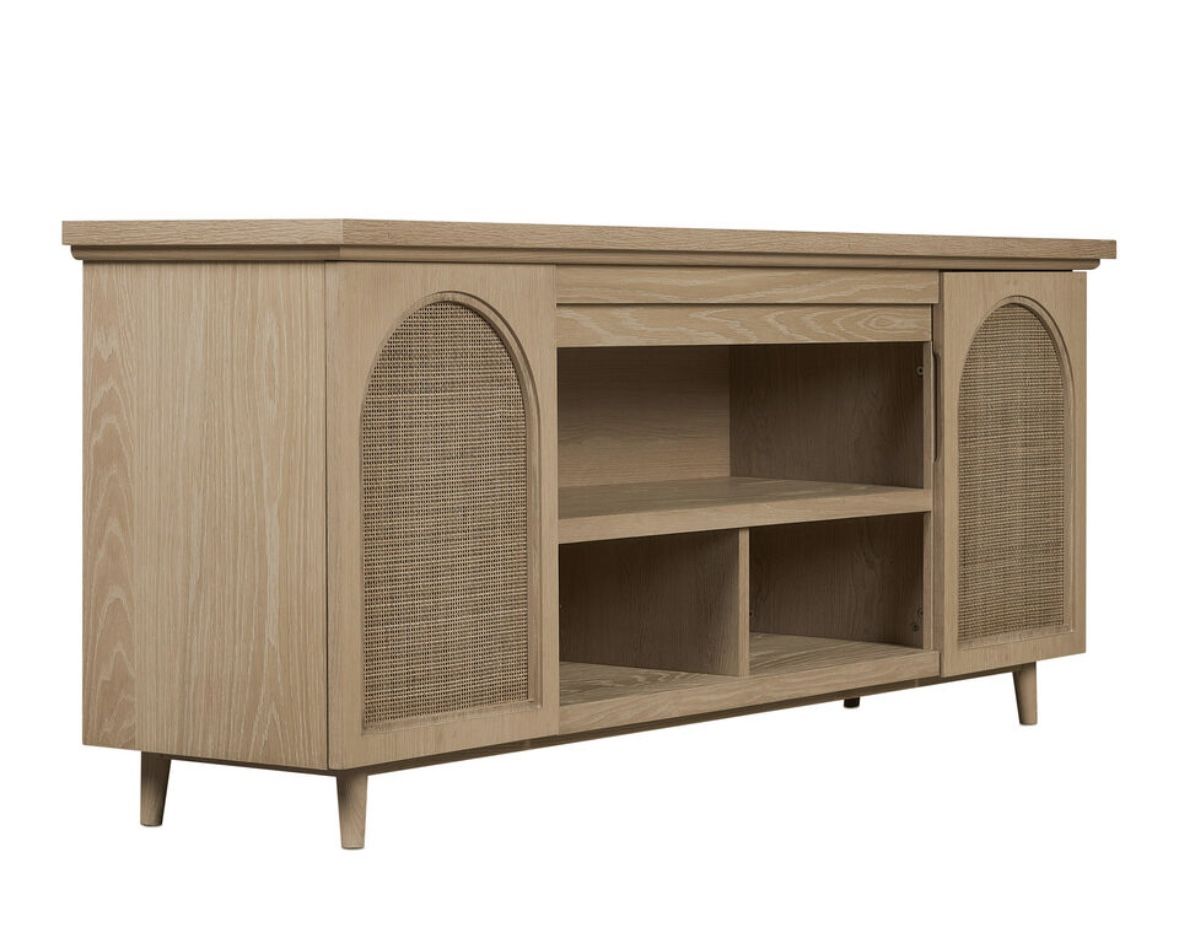 NEW World Market Landon White Oak and Rattan Cane Media Stand retails for 1600