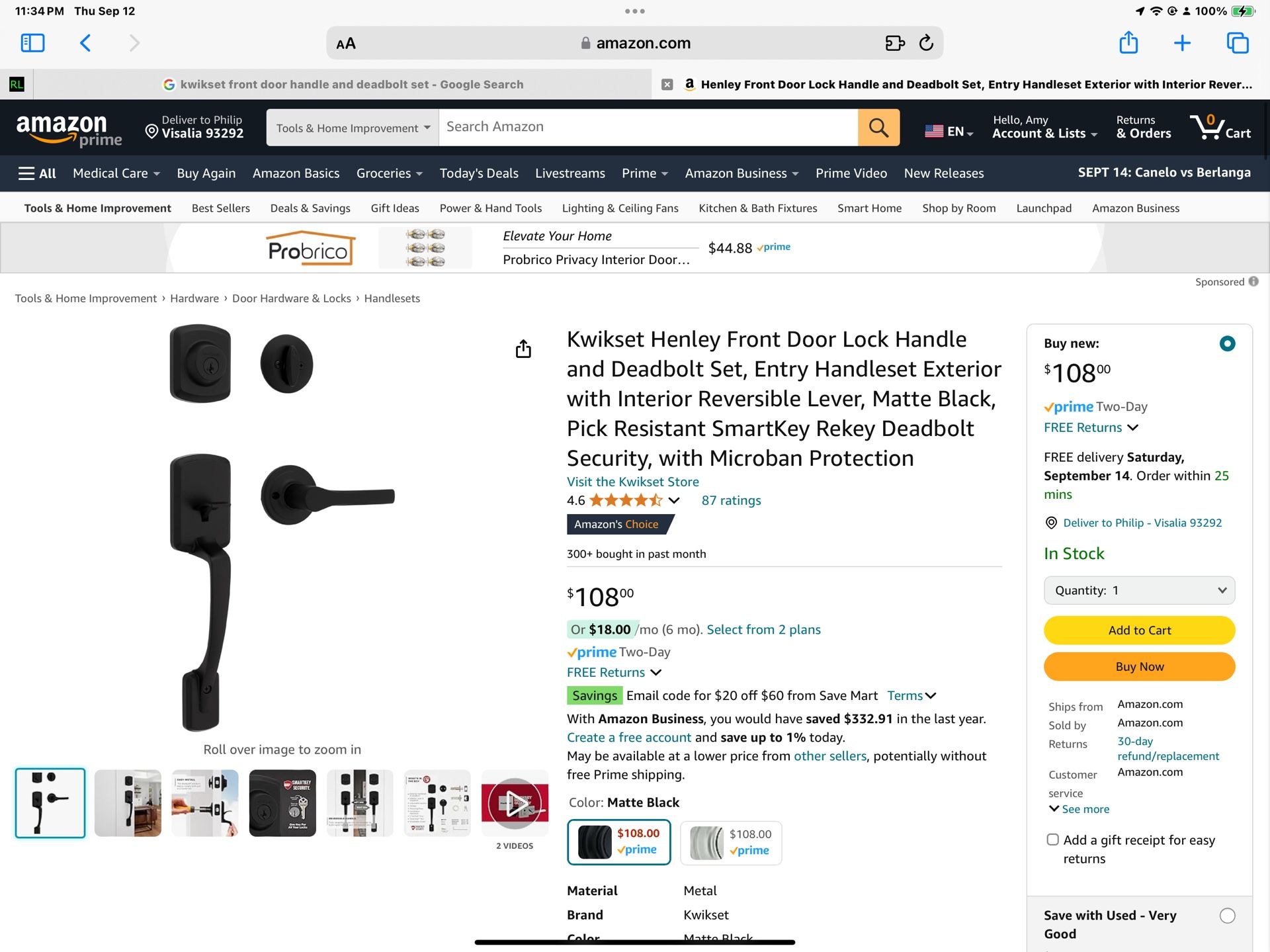 NEW quickset, Henley, front door, lock handle, and deadbolt set, entry handle, set exterior with inter, reversible, lever, matte, black, pick resitant