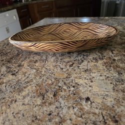 Hand carved, painted brown & black zebra stripes wood bowl.