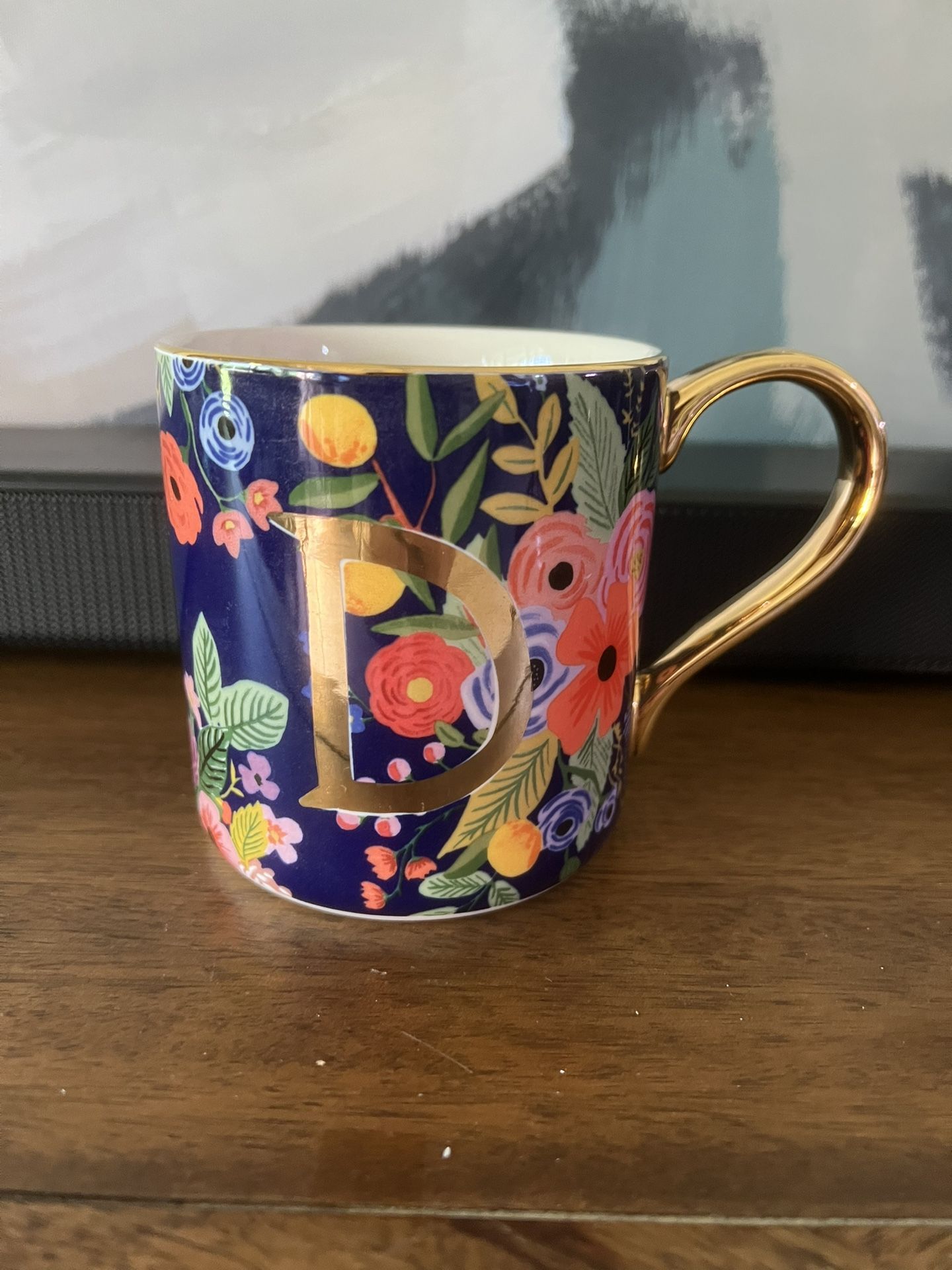 Monogram āDā Mug - Anthropologie Mug - Rifle Paper Co. Monogram Mug "D" - Floral Garden Party - Gold Handle & Rim