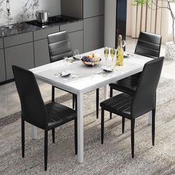 Dining Table Set for 4, Kitchen Table and Chairs Set of 4, Faux Marble Dinner Table Set with 4 Upholstered PU Leather Chairs, Dining Room Table Set fo