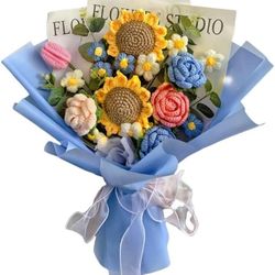 Crochet Flowers, Eight Artificial Flowers, Crochet Flower Bouquet, Carnation, Preserved Flower, Handmade Knitted Bouquet for Mother Birthday Home Deco