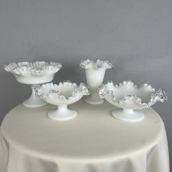 Vintage 1960s Fenton Glass Silver Crest Dish and Vase Set of 4