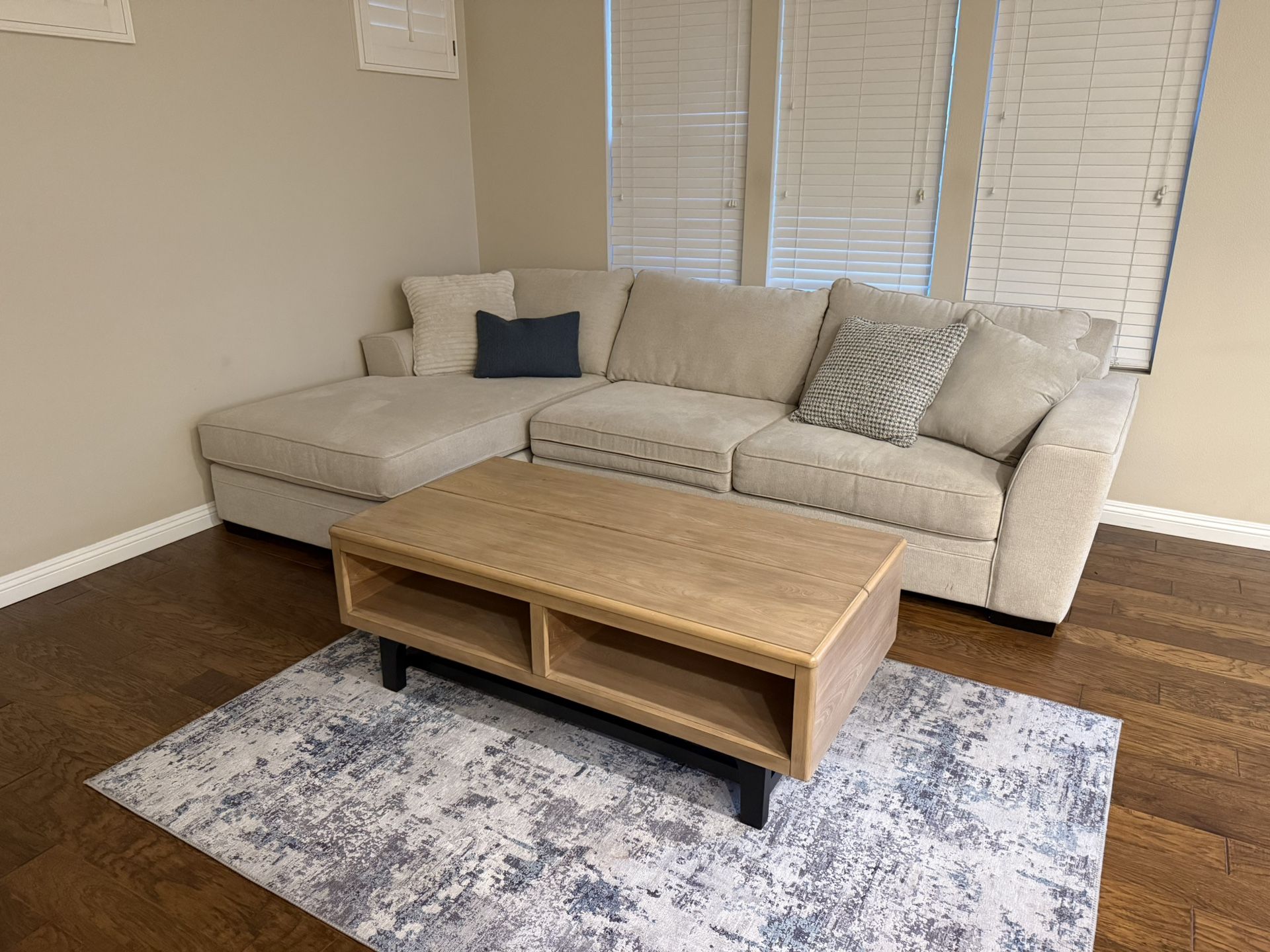 Spacious Light Beige Sectional Sofa with Opening Coffee Table!