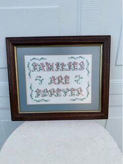 Vintage Hand Embroidered “Families Are Forever” Framed Sampler – Floral Needlework