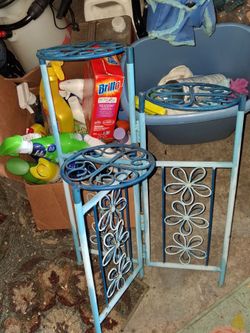 Gently used metal blue three tier plant stand indoor or outdoor