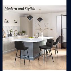 Bar Stools Set of 3, Double-Layer Upholstered Counter Height Bar Stools for Kitchen Island, Faux Leather Barstools with Back and Footrest, 24 Inch Arm