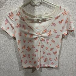 Floral Print Ribbed Crop Top with Lace Trim