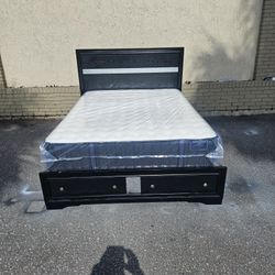 Black Queen Size Solid Wood Platform Bed Frame With Brand New Queen Size Plush Mattress And Box Spring In Plastic 