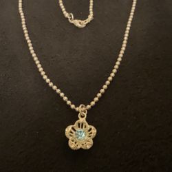 16” SilverTone Beaded Necklace With Blue Topaz Flower Pendant 