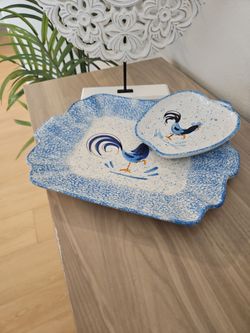 Hand-Painted Ceramic Rooster Tray and Bowl Set