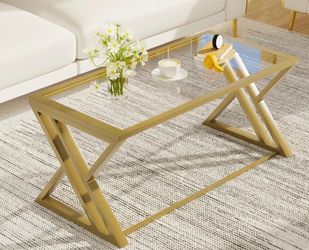 Modern Rectangular Center Table With Sturdy Metal Coffee Table Gold Glass