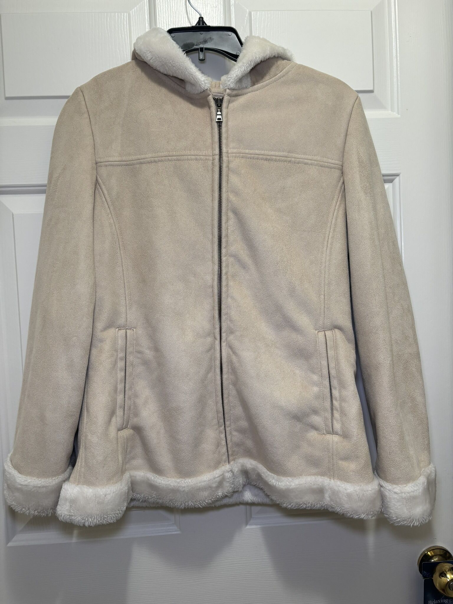 SALE Woman’s Camel Suede Zip Faux Fur Coat Size Medium With Hood Sonoma