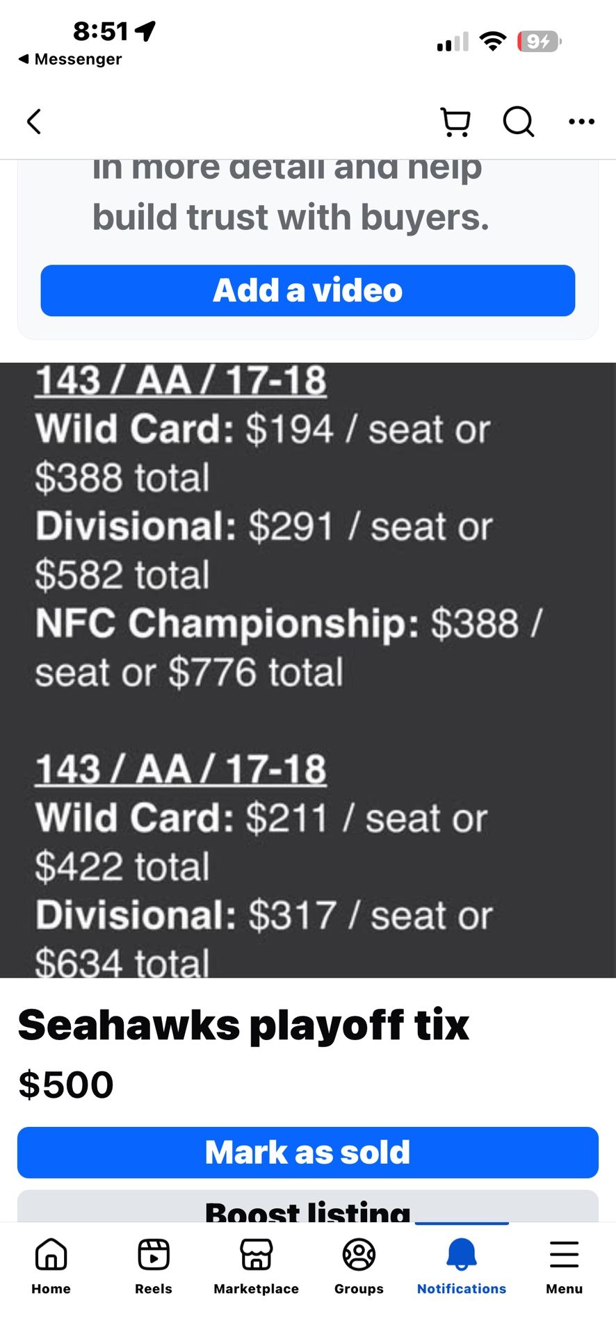 Seahawks Playoff Tix Section 143 Row AA Seats 15-18