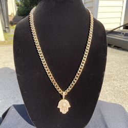 Gold Chain Cuban Necklace 24in 8mm And Icy Hamsa Hand Pendant Set 