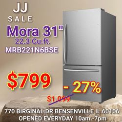 ❄️New Mora 31" 22.3 cu.ft. Bottom Freezer Refrigerator with Installed Ice Maker MRB221N6BSE