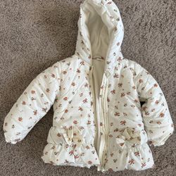 Laura Ashley Girls Hooded Puffer Jacket Coat - Ivory Floral Fleece Lined - Size 3T