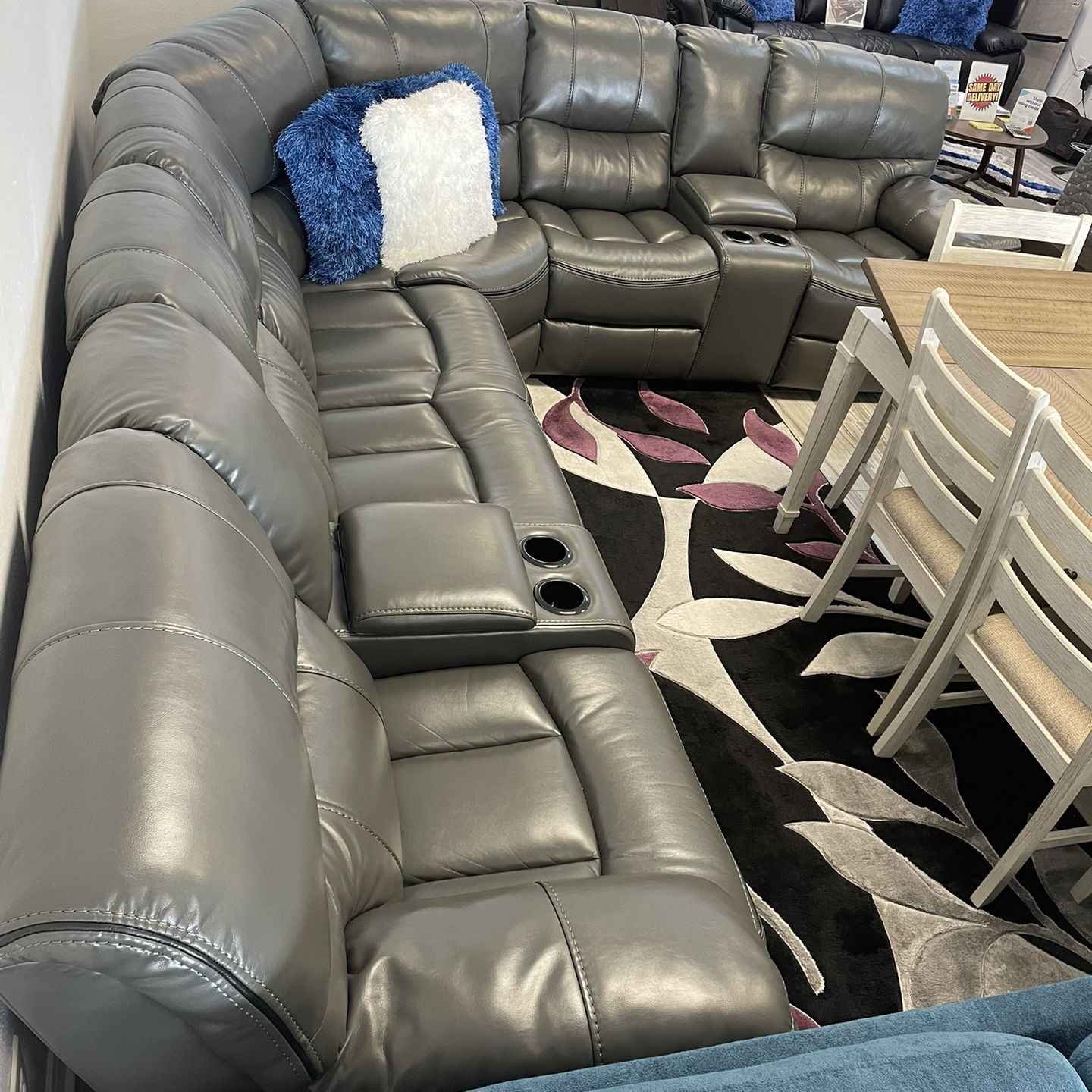 Spring Sale Event! Madrid, Gray Leather Reclining Sectional Now Only $1199. Easy Finance Option. Same-Day Delivery.