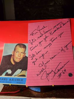 Jerry Kramer Green Bay Packers Hand written Signed Autographed 1 page  letter w/COA & card print.