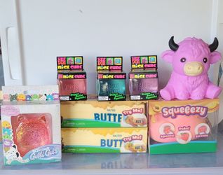 NeeDoh Nice Cubes, Squishmallows Gelli Gels, Squeeezy Butter,  Peach & Highland Cow Bundle