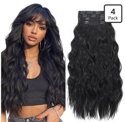 Wavy Clip in Hair Extensions 4 Pieces Natural Black 24" Synthetic