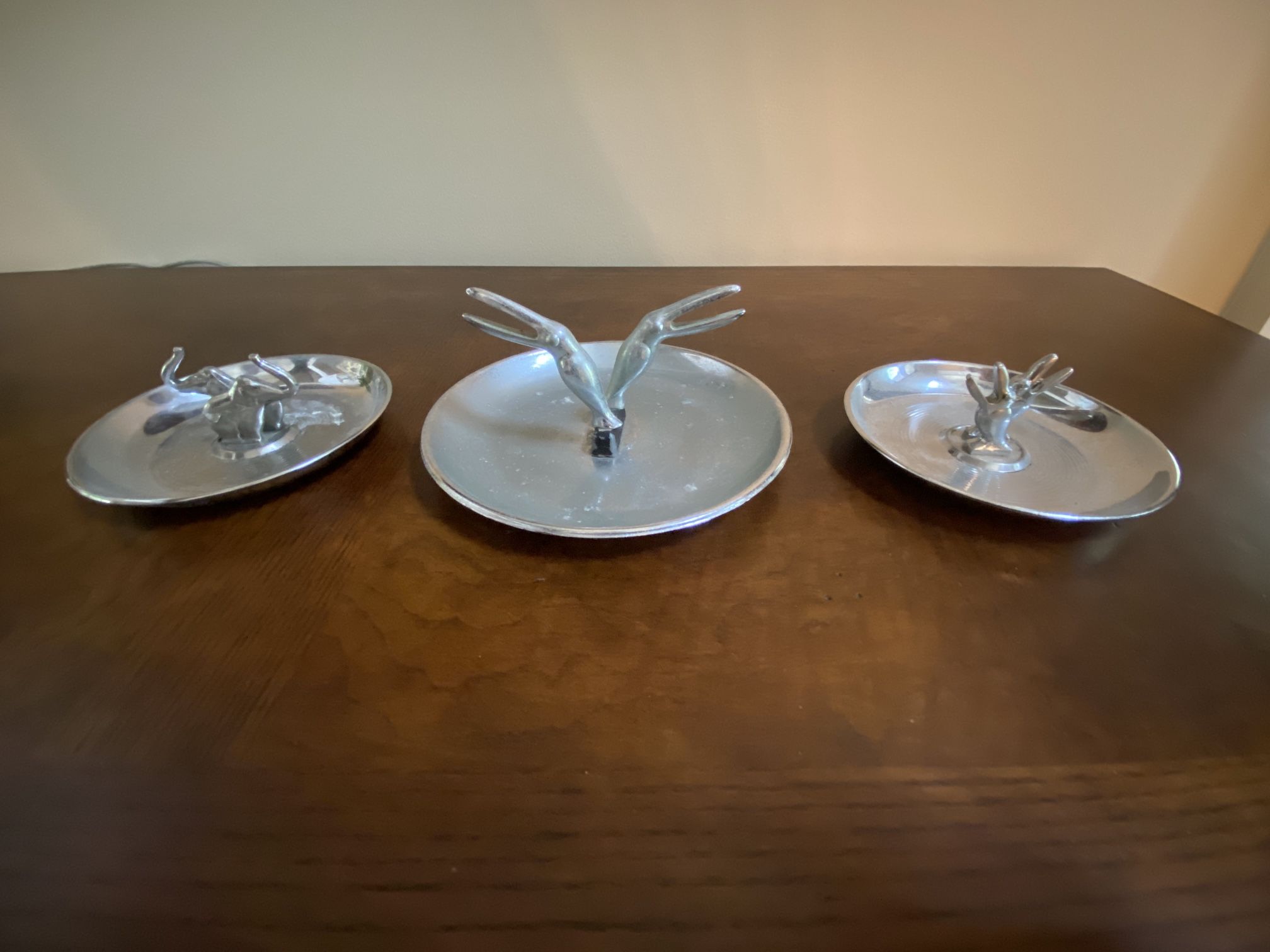 3 VINTAGE ART DECO CHROME TOUCANS pelicans elephants ASHTRAY matchbook holder PINCHERETTE LORD CHESTERFIELD