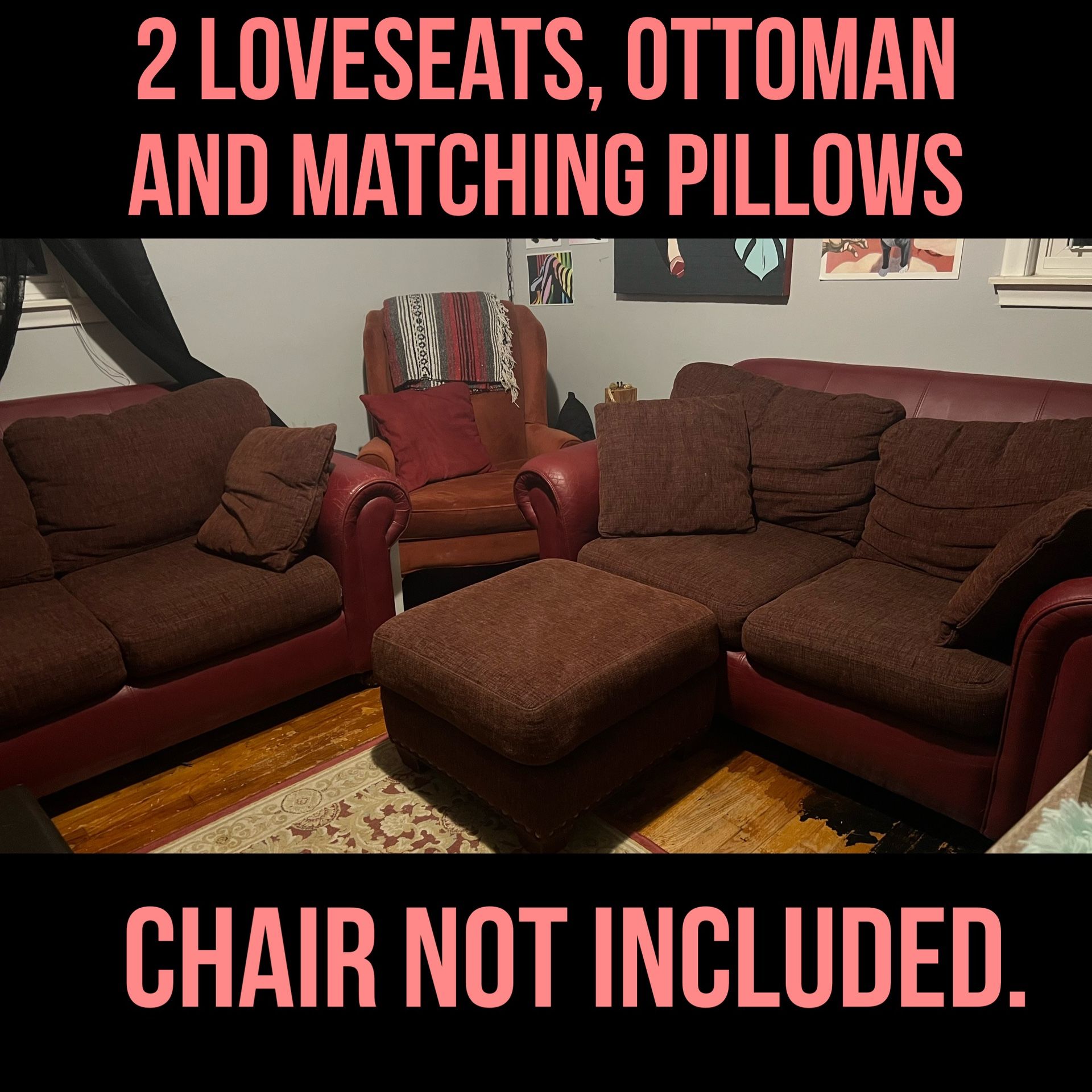 Open to Offers! Two Loveseats, Ottoman and Matching Pillows