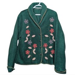 Vintage Floral Embroidered Green Fleece Button Down Cardigan Sweater Jacket