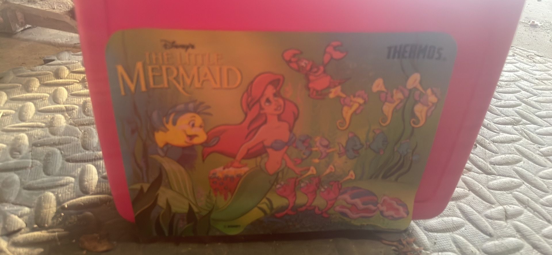 Vintage Disney The Little Mermaid Ariel Pink Aladdin Plastic Lunch Box Thermos