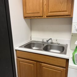 Utility Sink Base Cabinet Unit with Upper Wall Cabinet & Stainless Steel Double-Basin Sink
