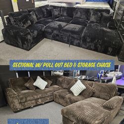 Reduce Price Sectional Corduroy Fabric W/ Storage Chaise & Pull Out Bed $1499