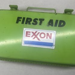 Vintage Exxon First Aid Kit Metal Gas Oil Baton Rouge LA Lime Green