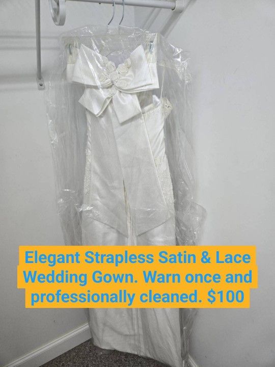 Elegant Strapless Satin & Lace Wedding Gown