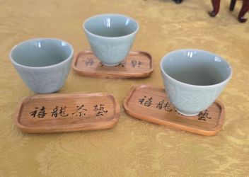 3pc Celadon Ceramic Gongfu Teacups with Engraved Wooden Saucers