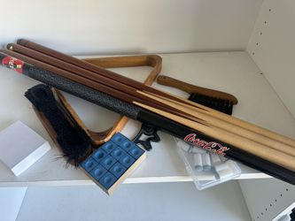 Four Pool Cues (3 Are 4’) Triangle Brushes, Chalk Tips Etc