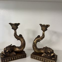 Pair Of Vintage Koi Fish Resin Gold Candle Holders/ Bookends 