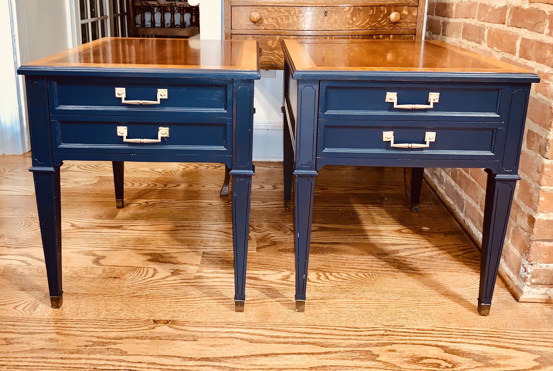 Midcentury modern navy blue pair of solid wood tables