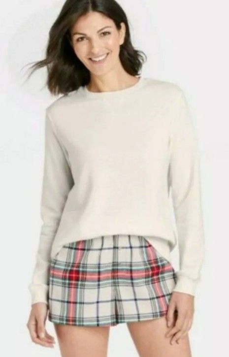 Womens Wondershop Plaid Flannel Pajama Set Shorts White Sweatshirt Backpack Size SMALL