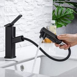 HANLIAN Single Hole Pull Out with Rotating Spout Faucet for Bathroom Sink, (Black) 