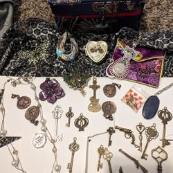 Huge Jewelry Lot And Silk Chinese Jewelry Box Over 30 Pcs