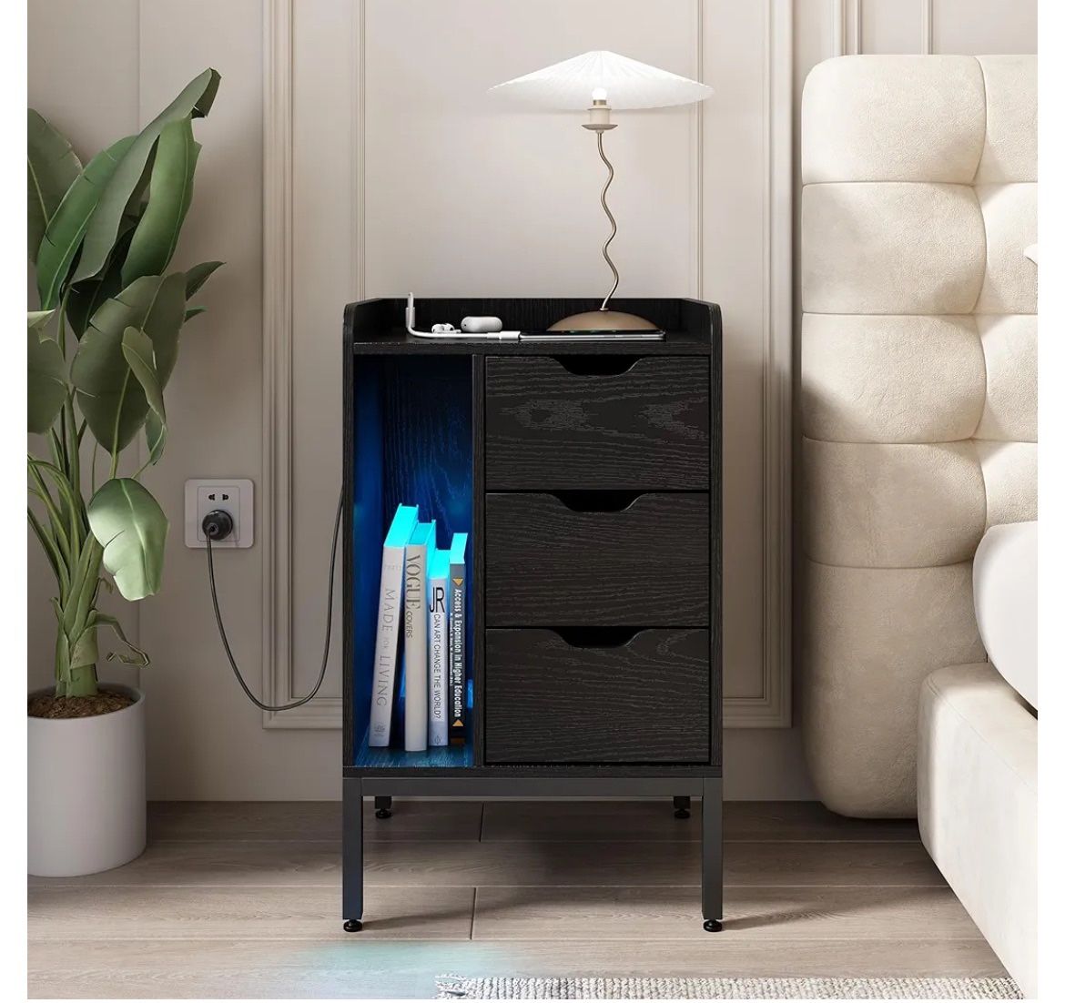 Fameill Nightstand Set of 2 with Charging Station and LED Lights,3 Drawers End Side Table for Bedrooms Set of 2,Wooden Bedside Table with USB Ports