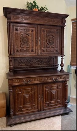 Antique 1860 Carved Oak Buffet Hutch Cabinet