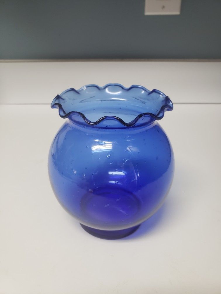 Vintage Cobalt Ball Vase w/ Scalloped Rim