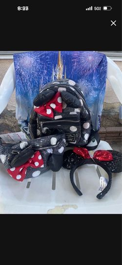 Disney Parks Black Sequin Polka Dot Mini Backpack, Disney Parks Loungefly Sequin waist bag Fanny Pack Minnie With Ears Polka Dot and Disney Parks Ear 