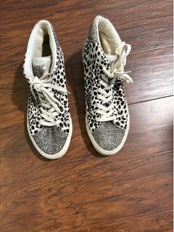 Madwell Sidewalk HighTop Sneakers Womens Black White Spotted Leopard Calf Hair Print Sz 8.5