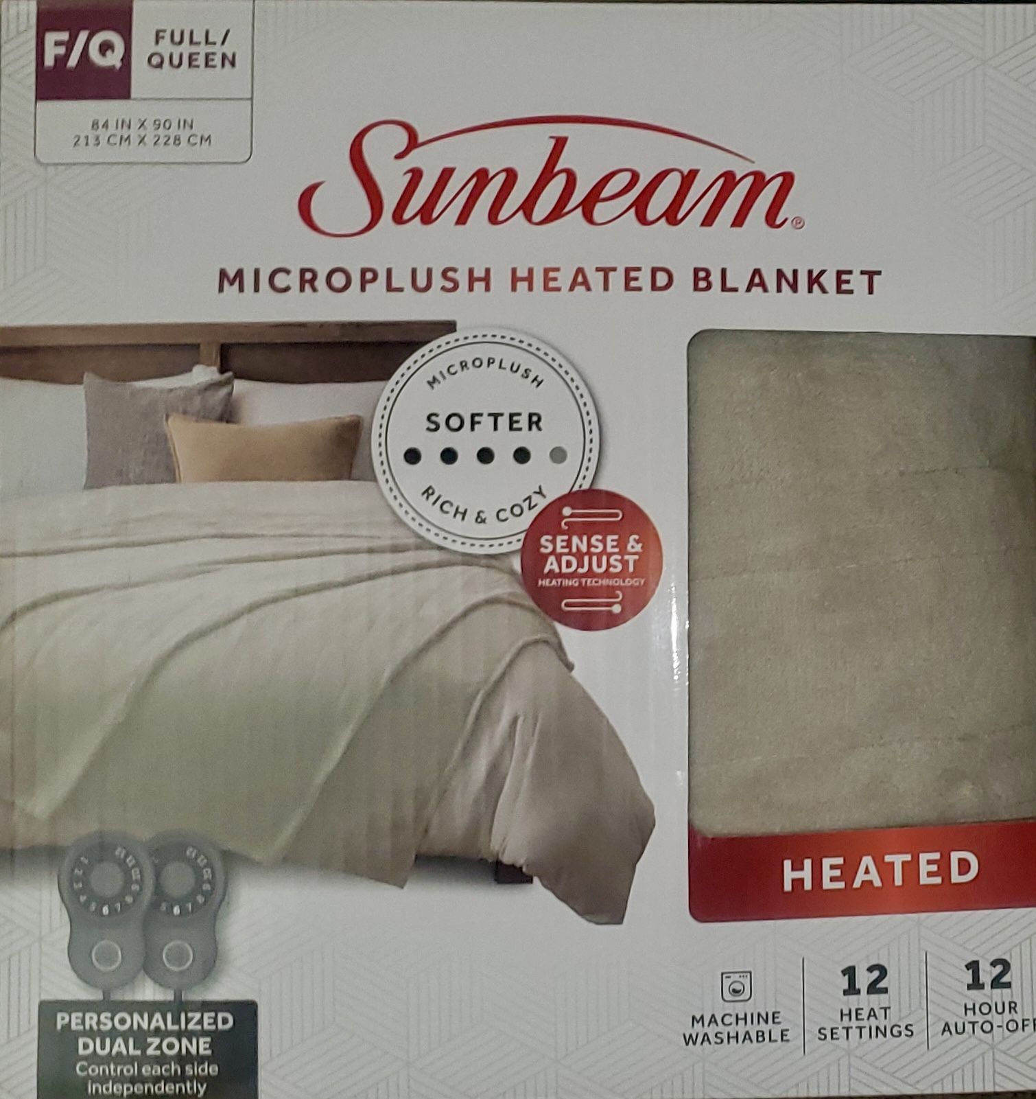 NEW SUNBEAM QUEEN ELECTRIC HEATED BLANKET BEIGE MICROPLUSH SOFT 2-CONTROL WASHABLE GIFT WINTER HEAT