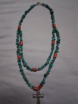 Turquoise Chip Bead Necklace with Cross Pendant