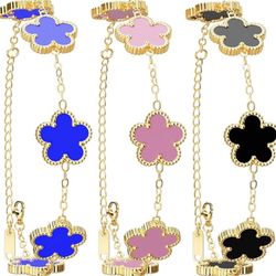AICase 18K Gold Plated Clover Bracelet Dupes Blue/Pink/Black Bracelet Set for Women Four Leaf Lucky Bracelets Jewelry Birthday Gifts for Women/Mon/Fri