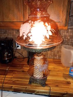 Vintage Hurricane Table Lamp with Floral Glass Shade
